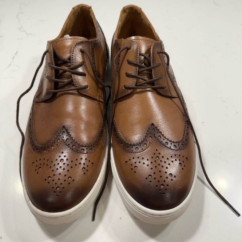 Brown Leather Wingtip Oxfords with Brogue Detailing